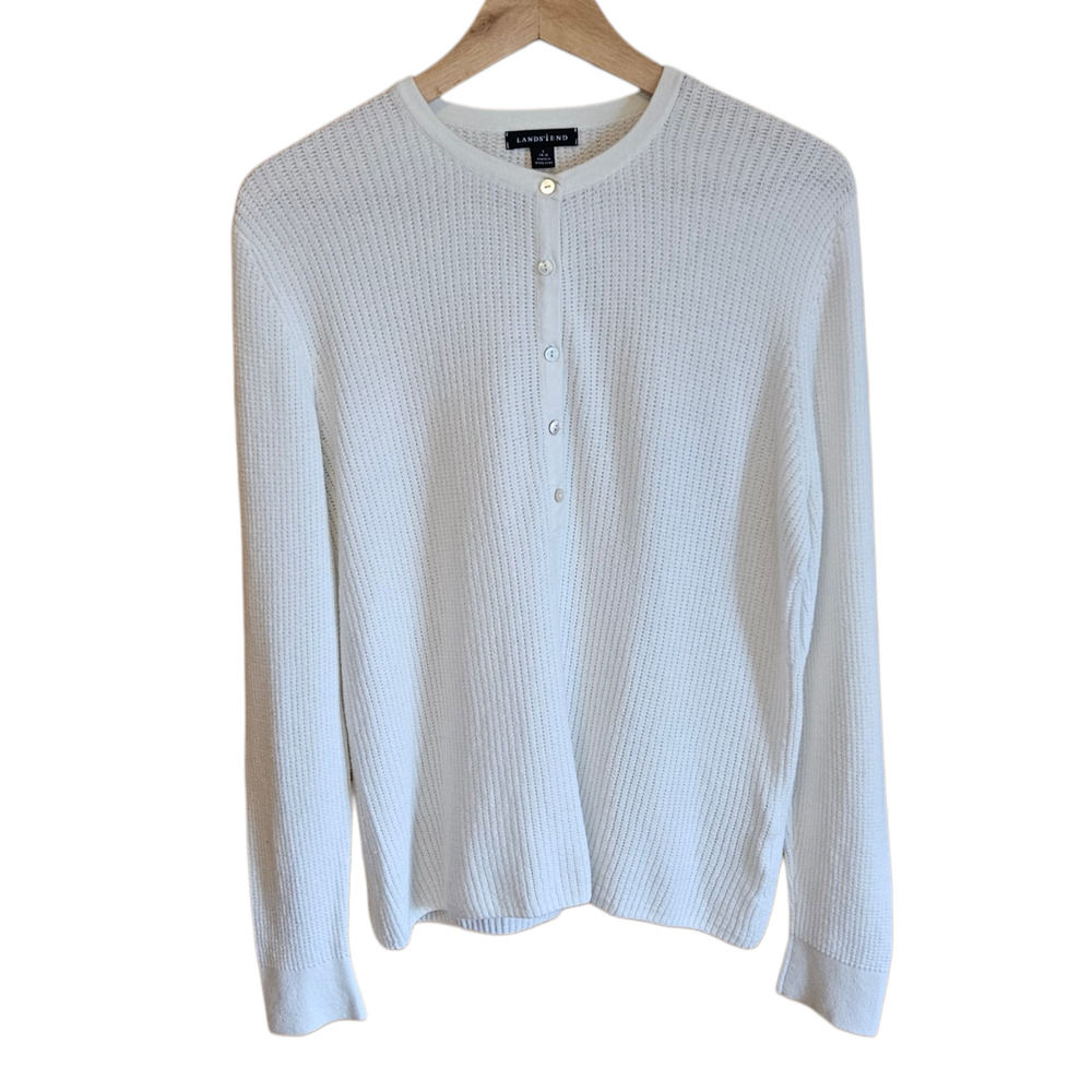 Lands' End Large 14/16 White Cotton Cashmere Blend Waffle Henley Sweater